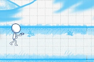 흰 배경에 파란색 선으로 그려진 낙서처럼 보이는 한 인물이 총을 들고 걷고 있다