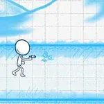 흰 배경에 파란색 선으로 그려진 낙서처럼 보이는 한 인물이 총을 들고 걷고 있다