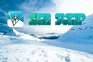 하늘 아래 눈 덮인 산과 함께 스키 점프 아이콘과 텍스트가 있는 이미지