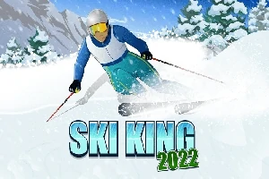 눈 덮인 산속에서 스키를 타는 사람의 모습과 SKI KING 2022라는 글자가 있는 장면