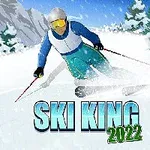 눈 덮인 산속에서 스키를 타는 사람의 모습과 SKI KING 2022라는 글자가 있는 장면