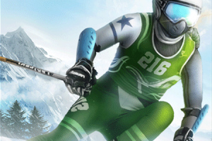 초록색 유니폼을 입고 스키를 타는 스키어의 역동적인 모습