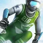 초록색 유니폼을 입고 스키를 타는 스키어의 역동적인 모습