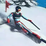 눈 덮인 경사면을 따라 빨간 깃발 사이를 지나며 스키를 타는 사람