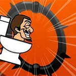 사람의 얼굴이 있는 화장실 변기가 만화 스타일로 그려져 있으며, 배경은 주황색이다