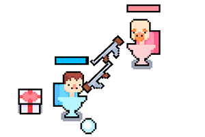 두 픽셀 아트 캐릭터가 변기에 앉아 마주보고 총을 겨누고 있으며, 화면의 왼쪽에는 선물 상자가 있다