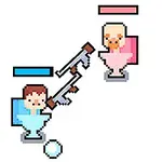 두 픽셀 아트 캐릭터가 변기에 앉아 마주보고 총을 겨누고 있으며, 화면의 왼쪽에는 선물 상자가 있다