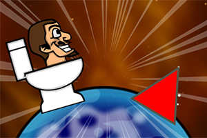 화장실에 앉아있는 만화 캐릭터가 지구 위에 있는 모습과 빨간색 화살표