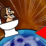 화장실에 앉아있는 만화 캐릭터가 지구 위에 있는 모습과 빨간색 화살표