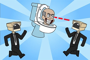 화장실 변기에서 나오는 웃고 있는 얼굴과 두 명의 정장을 입고 머리에 상자를 쓴 사람들