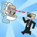 화장실 변기에서 나오는 웃고 있는 얼굴과 두 명의 정장을 입고 머리에 상자를 쓴 사람들