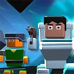 세 개의 캐릭터가 총을 들고 다채로운 배경 앞에 서 있는 블록 스타일의 이미지