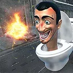 거리 한가운데에 변기에서 웃고 있는 큰 얼굴이 나오고 있으며, 주변에는 폭발이 일어나고 있다