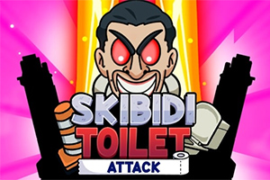 붉은 눈을 가진 남성이 밝은 배경 앞에 서 있으며, 아래쪽에는 SKIBIDI TOILET ATTACK라는 글자가 적혀 있습니다