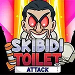 붉은 눈을 가진 남성이 밝은 배경 앞에 서 있으며, 아래쪽에는 SKIBIDI TOILET ATTACK라는 글자가 적혀 있습니다