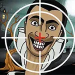 달이 뜬 어두운 하늘 아래, 이상한 웃음을 짓는 인물의 얼굴이 조준선으로 잡혀 있으며, 주변에 나무와 집이 있는 배경