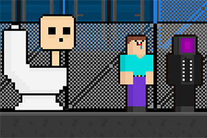 화장실 변기에 앉아 있는 사각형 얼굴의 캐릭터와 파란 셔츠, 보라색 바지를 입은 픽셀 아트 스타일의 두 캐릭터가 철망 배경 앞에 서 있다