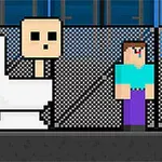 화장실 변기에 앉아 있는 사각형 얼굴의 캐릭터와 파란 셔츠, 보라색 바지를 입은 픽셀 아트 스타일의 두 캐릭터가 철망 배경 앞에 서 있다
