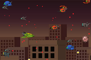 밤 하늘 배경의 도시 위로 다양한 색상의 비행 물체들이 붉은 점들과 함께 떠다니는 모습