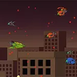 밤 하늘 배경의 도시 위로 다양한 색상의 비행 물체들이 붉은 점들과 함께 떠다니는 모습