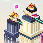 왕관을 쓴 캐릭터와 두 마리의 동물 형태 캐릭터가 고층 건물 위에 있는 장면