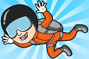 만화 스타일의 하늘색 배경에서 오렌지색 점프수트를 입고 헬멧과 고글을 착용한 채 스카이다이빙하는 캐릭터