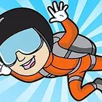 만화 스타일의 하늘색 배경에서 오렌지색 점프수트를 입고 헬멧과 고글을 착용한 채 스카이다이빙하는 캐릭터