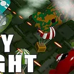 세 대의 다양한 색상의 비행기가 하늘에서 공중전을 벌이고 있으며, 타이틀 SKY FIGHT가 이미지에 포함되어 있습니다