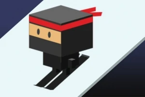 검은색과 빨간색 머리띠를 착용한 픽셀 스타일의 닌자가 스노우 레일을 타고 있는 모습입니다