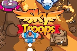 만화 스타일의 비행기와 로봇이 하늘을 날고 있으며 Sky Troops라는 텍스트가 중앙에 배치되어 있습니다
