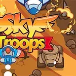 만화 스타일의 비행기와 로봇이 하늘을 날고 있으며 Sky Troops라는 텍스트가 중앙에 배치되어 있습니다