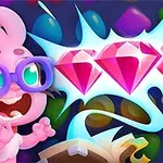 핑크색 안경을 쓴 만화 캐릭터가 세 개의 핑크 다이아몬드를 보고 놀라고 있는 장면