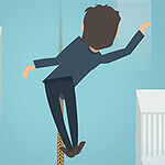 높은 빌딩들 사이에서 밧줄에 매달려 균형을 잡으려는 정장 차림의 남성 캐릭터