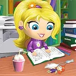 귀여운 만화 스타일의 소녀가 책상 위에서 책을 읽고 있으며, 주변에 책과 음료가 놓여 있다