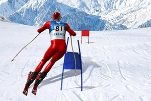 스키 선수가 눈 덮인 산을 배경으로 빨간 옷과 헬멧을 착용하고 슬로프를 활강하고 있다