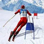 스키 선수가 눈 덮인 산을 배경으로 빨간 옷과 헬멧을 착용하고 슬로프를 활강하고 있다