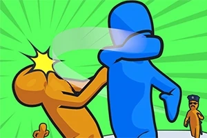 파란색 캐릭터가 주먹으로 주황색 캐릭터를 때리는 장면