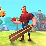 툰 스타일의 나무꾼 캐릭터가 커다란 도끼를 들고 사과를 손에 들고 있는 장면