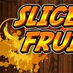 SLICE FRUIT라는 텍스트와 함께 배경에 과일 스플래시가 있는 이미지