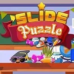 교실 배경에 다양한 사물과 장식이 있는 슬라이드 퍼즐 텍스트 이미지