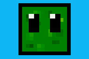 녹색 픽셀 아트 스타일의 사각형 얼굴이 검은 테두리 안에 표현되어 있으며 크고 검은 눈을 가지고 있다