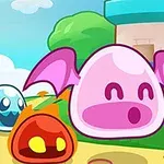 핑크색 박쥐 날개가 달린 둥근 생명체가 다른 둥근 생명체들과 함께 초원 앞에 있는 장면