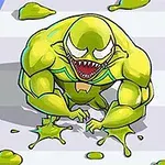 녹색 끈적한 물질로 덮인 근육질의 괴물이 바닥에 엎드려 있는 모습