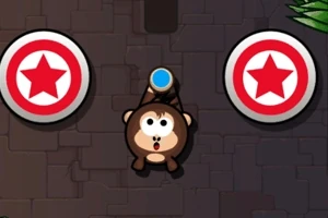 갈색 원숭이가 파랑색 물체를 들고 있으며, 양 옆에 빨간 별이 그려진 원이 있다