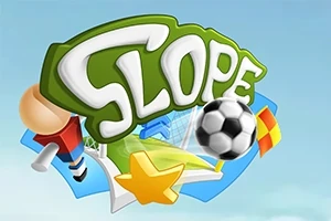 녹색과 흰색 글씨로 Slope라 쓰여진 배경에 축구공, 별, 축구 골대 이미지가 있는 그림