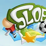 녹색과 흰색 글씨로 Slope라 쓰여진 배경에 축구공, 별, 축구 골대 이미지가 있는 그림