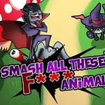 빨간 망토를 입은 뱀파이어와 마녀 모자를 쓴 고양이가 만화 스타일로 그려져 있으며, 배경에는 커다란 버섯이 있습니다