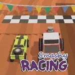 두 개의 장난감 자동차가 출발선 앞에 위치하고 있는 경주 트랙 이미지