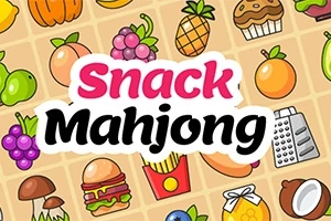 다양한 간식과 과일 아이콘이 그려진 배경에 Snack Mahjong 텍스트가 중앙에 위치한 이미지