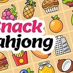 다양한 간식과 과일 아이콘이 그려진 배경에 Snack Mahjong 텍스트가 중앙에 위치한 이미지